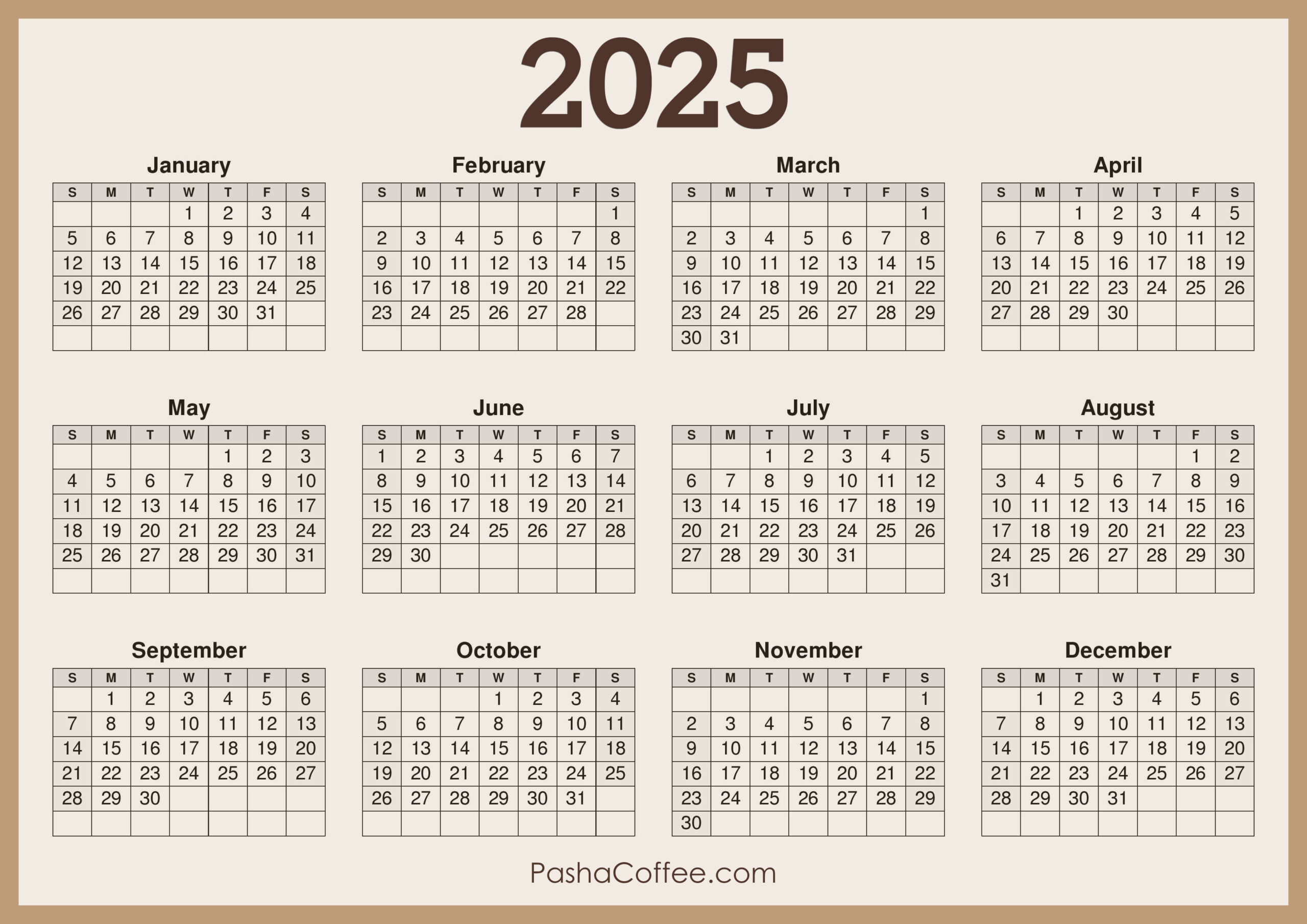 2025 Calendar Printable Free, Horizontal, Beige – Pashacoffee | Calendar 2025