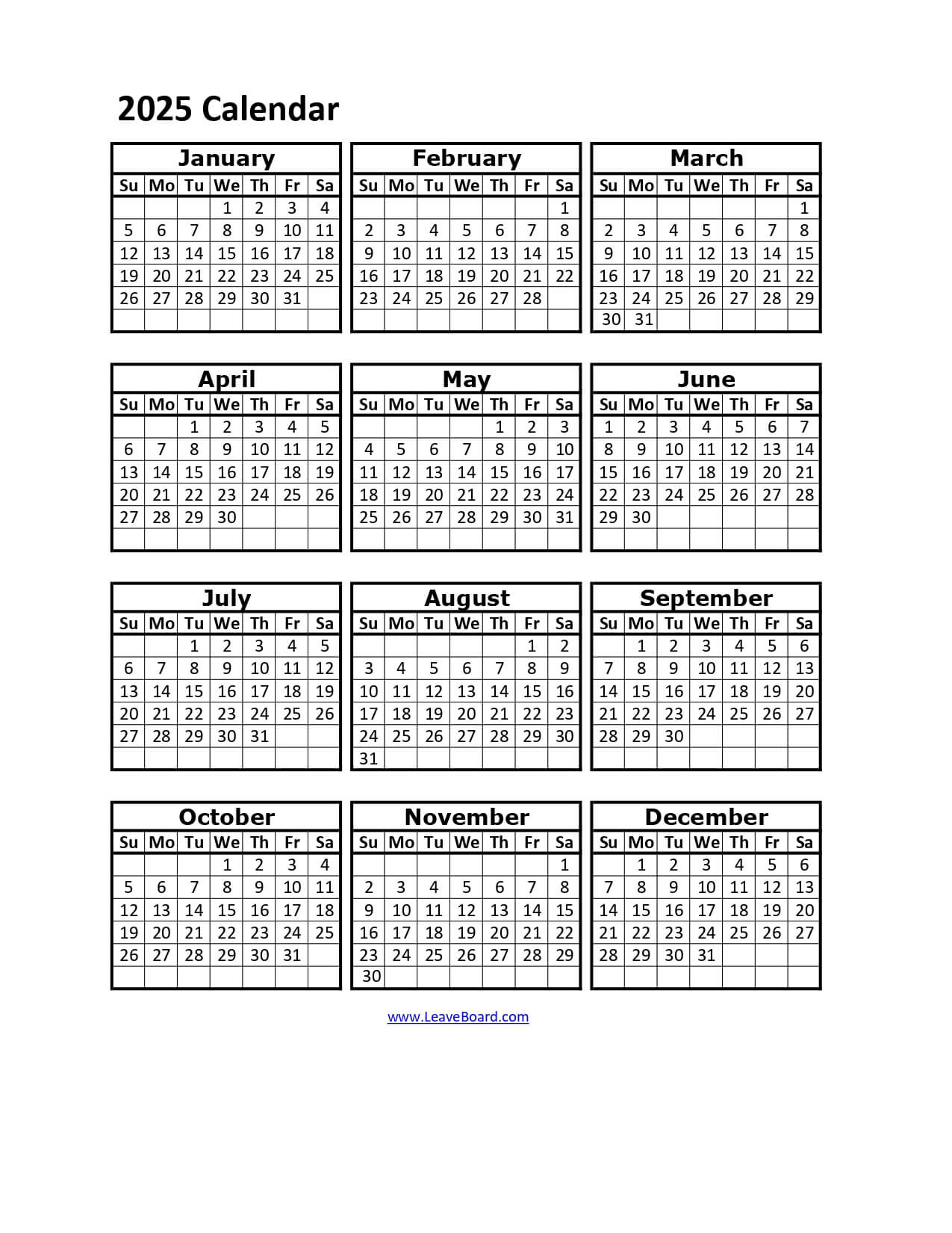 2025 Calendar Printable: Pdf, Excel, With Holidays (Free Download) | Free Printable 2025 Employee Attendance Calendar Download