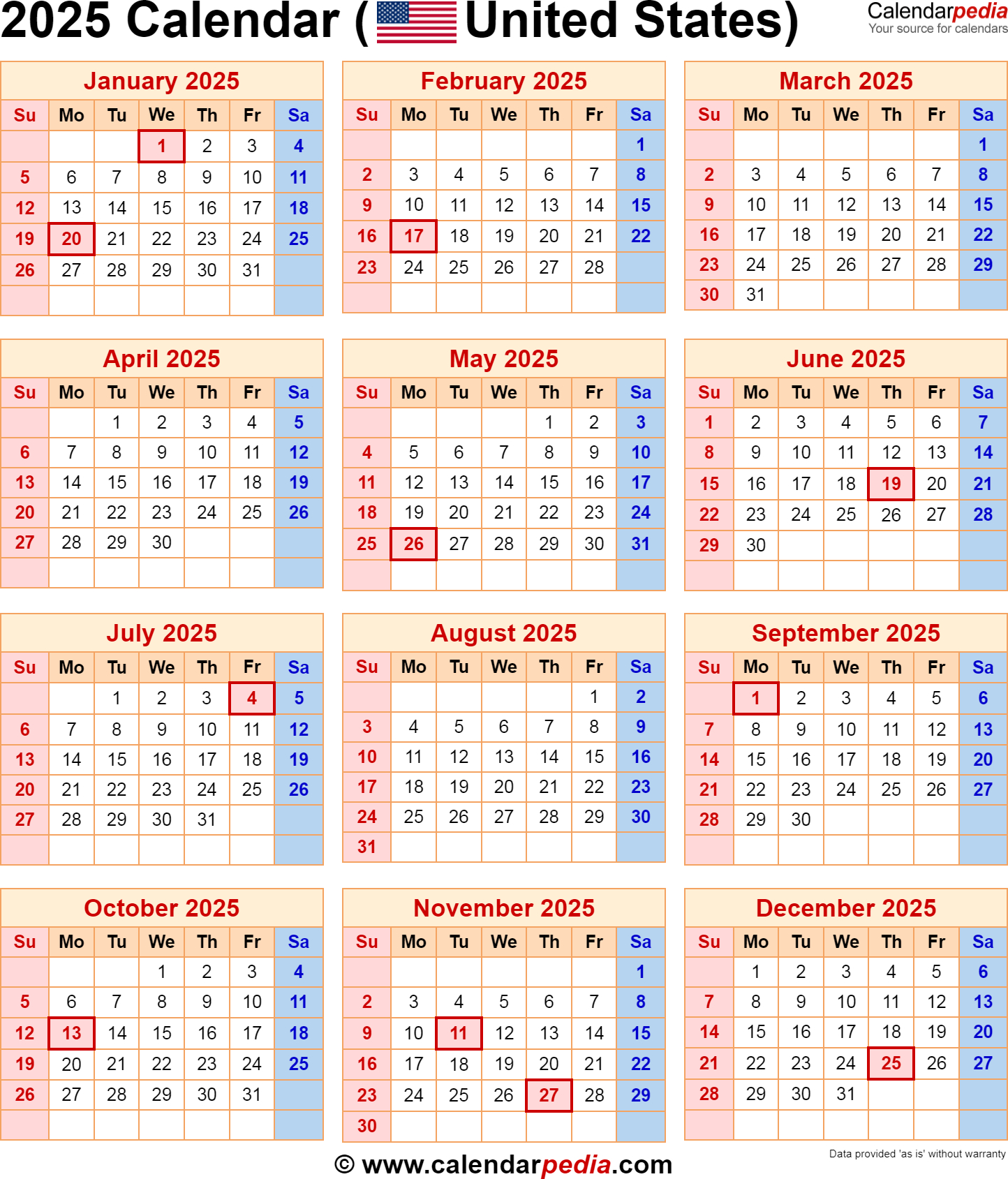 2025 Calendar With Federal Holidays | 2025 Calendar With Us Holidays Printable