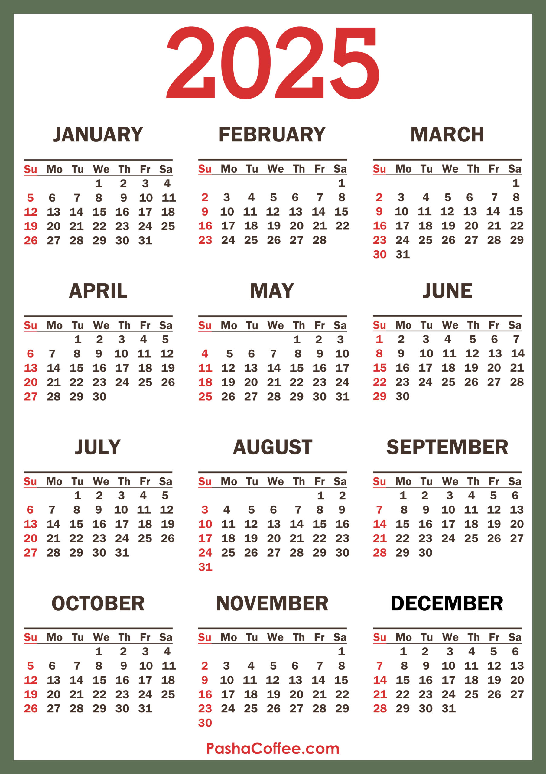 2025 Calendar With Holidays, Printable Free, Vertical, Green | 2025 Calendar with Holidays Printable Free