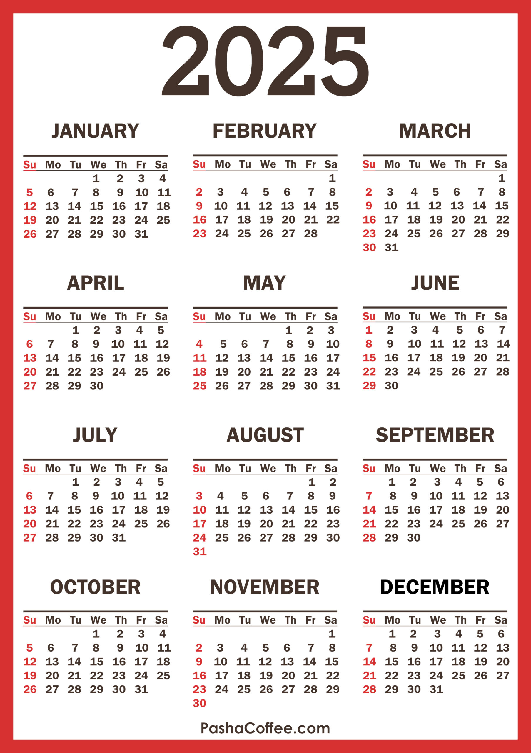 2025 Calendar With Holidays, Printable Free, Vertical, Red | Free Printable Calendar 2025 with Holidays