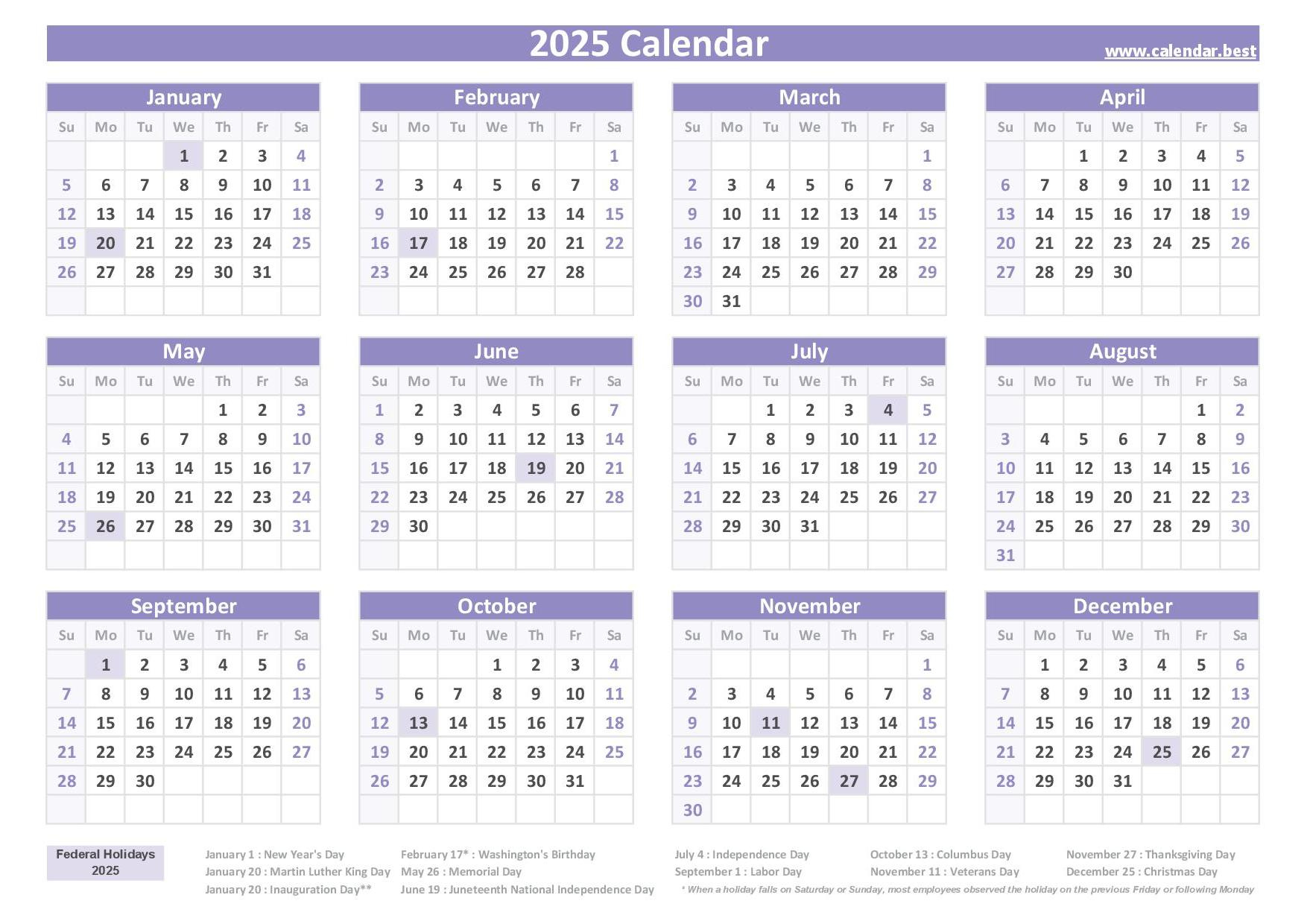 2025 Calendar With Holidays (Us Federal Holidays) | 2025 Calendar Printable with Holidays