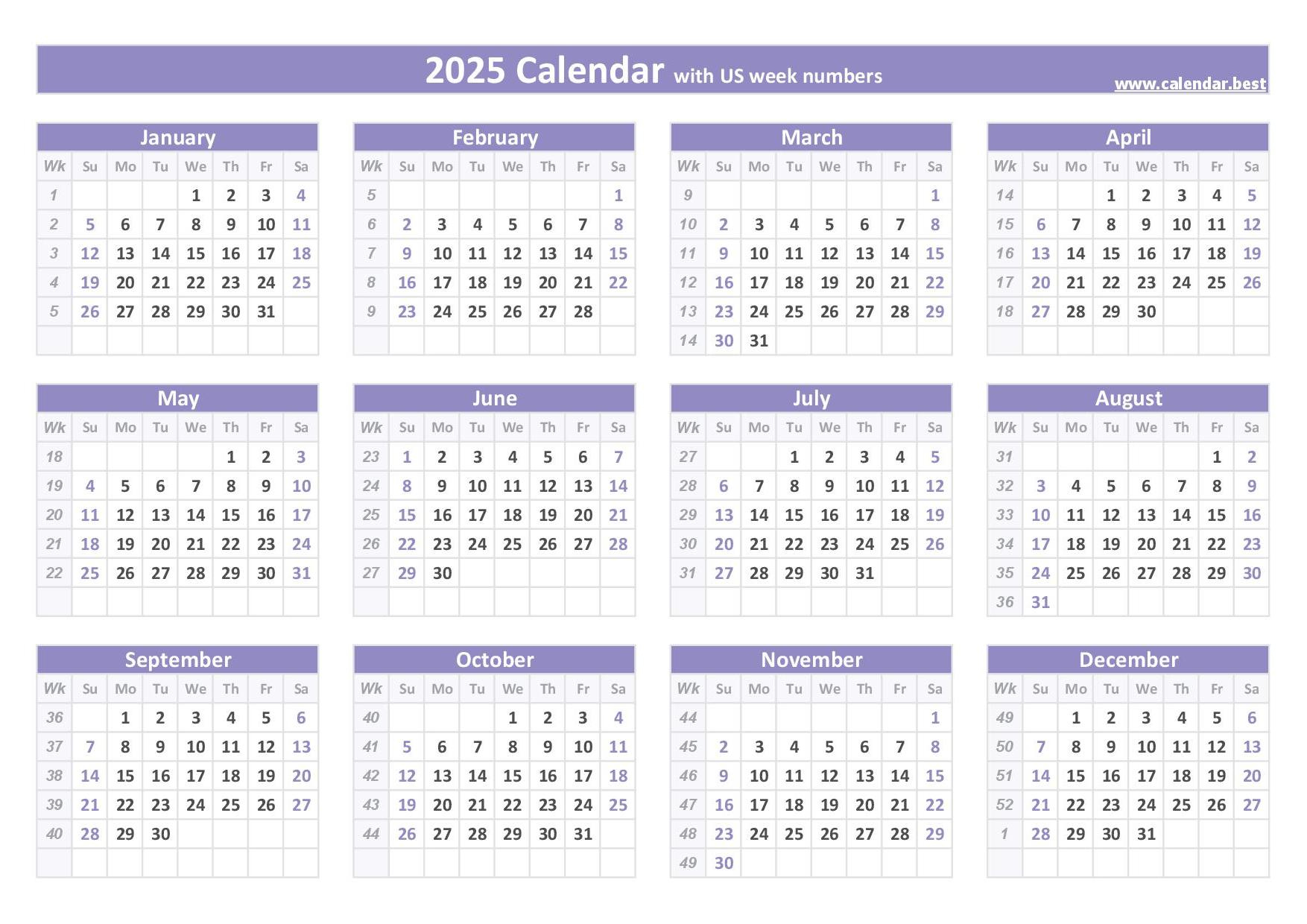 2025 Calendar With Week Numbers | 12 Month 2025 Calendar Printable with Week Numbers