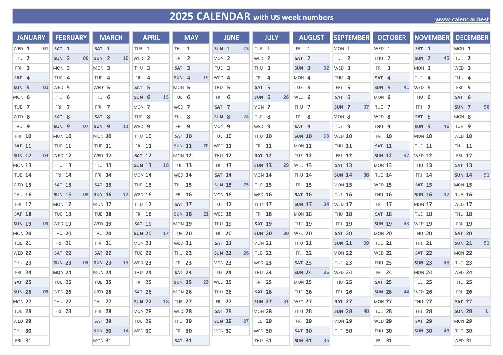 2025 Calendar With Week Numbers (Us And Iso Week Numbers) | 2025 Calendar Weeks Printable