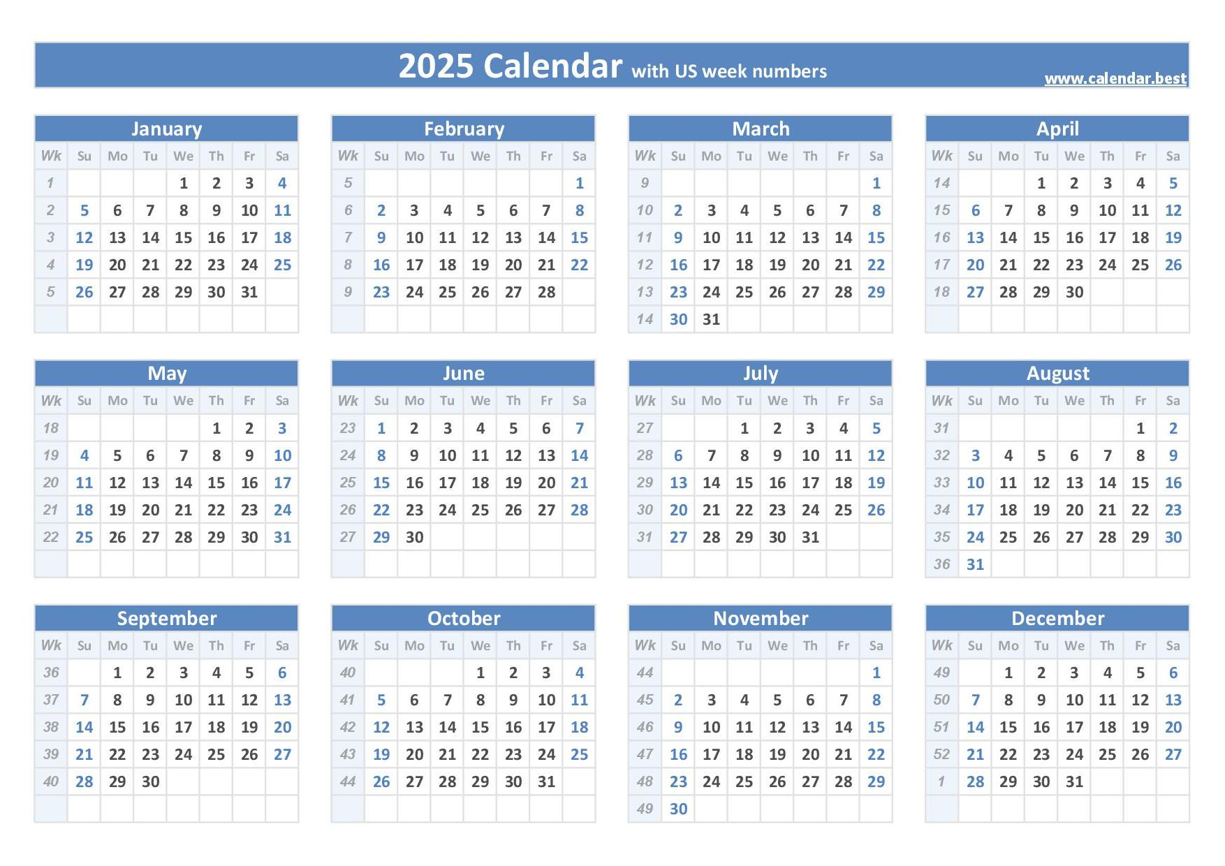 2025 Calendar With Week Numbers (Us And Iso Week Numbers) | 2025 Calendar Weeks Printable