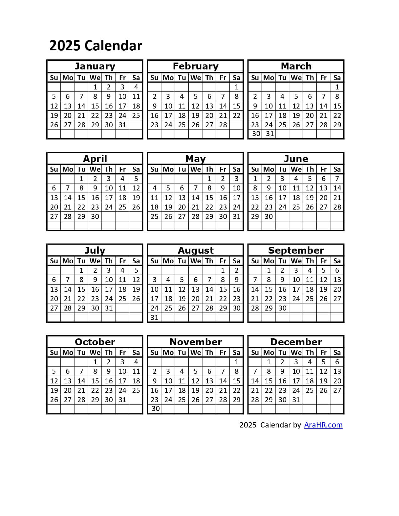 2025 Calendar - Yearly - Monthly - Free - Printable - Template | 2025 Attendance Calendar Free