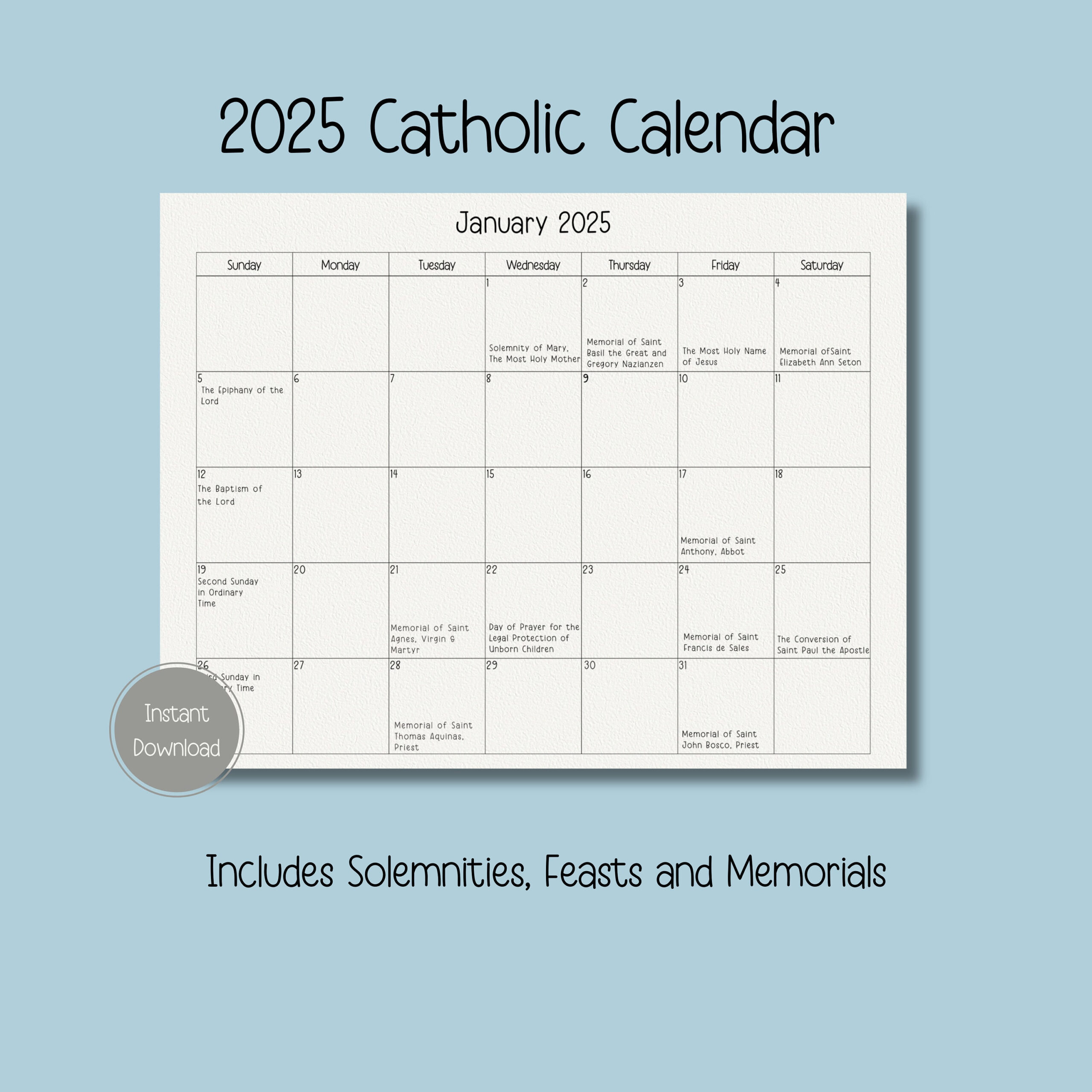 Catholic Calendar 2025 Printable Calendar 2025 Printable Calendar 2025