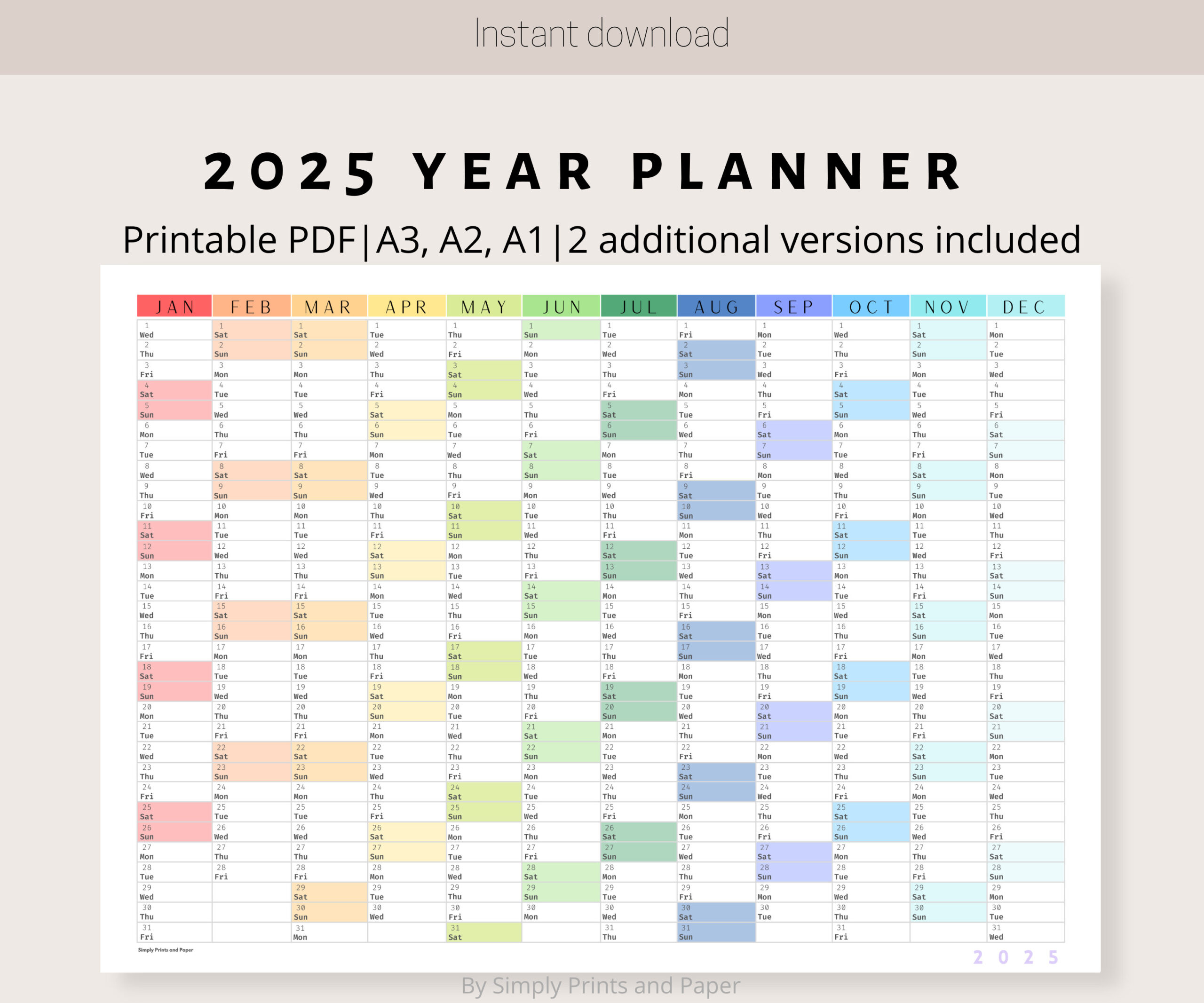 2025 Colorful Wall Calendar Printable Yearly Planner Large Wall | Calendar 2025