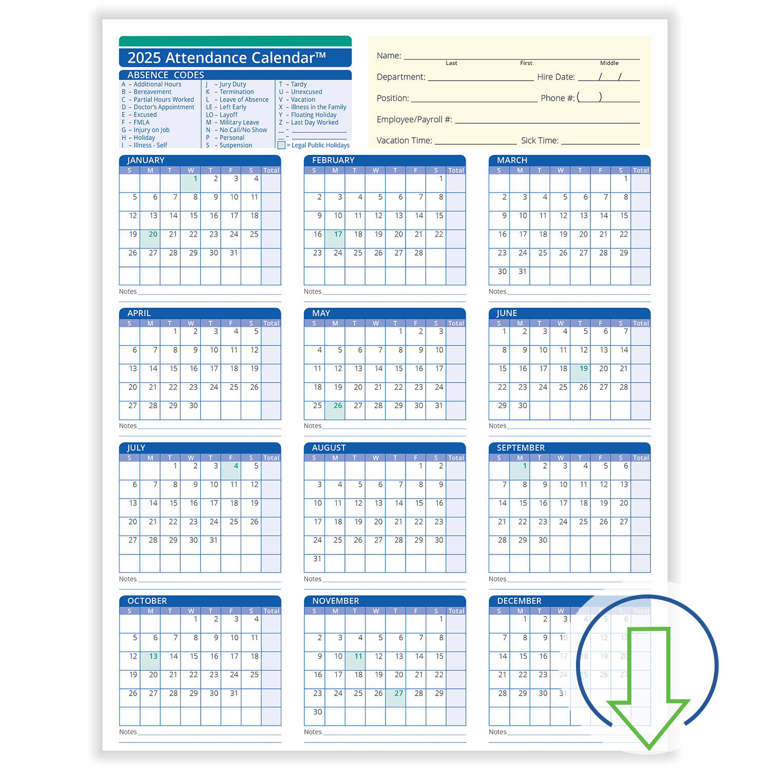 2025 Downloadable Employee Attendance Calendar | Hrdirect | 2025 Attendance Calendar Printable Free Download