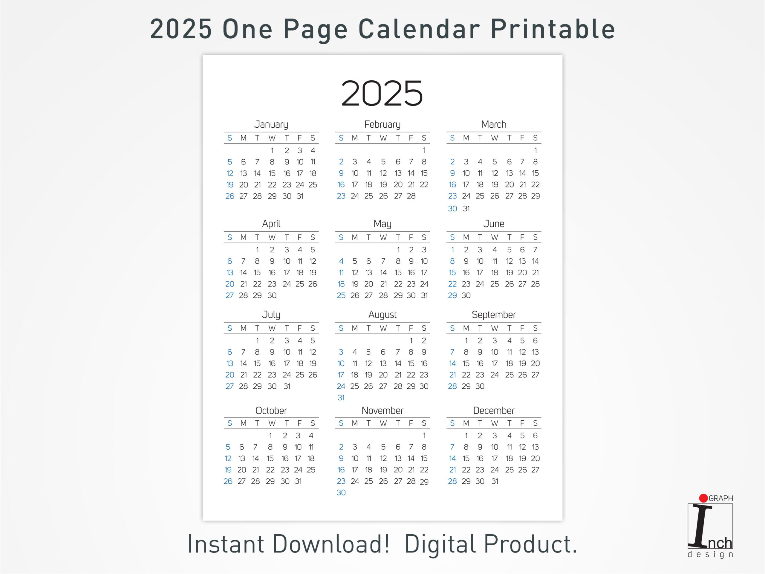 2025 Druckbarer Kalender, 12 Monate Einseitiger Kalender | 12 Month 2025 Calendar Printable