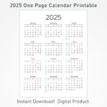 2025 Druckbarer Kalender, 12 Monate Einseitiger Kalender |  Calendar 2025