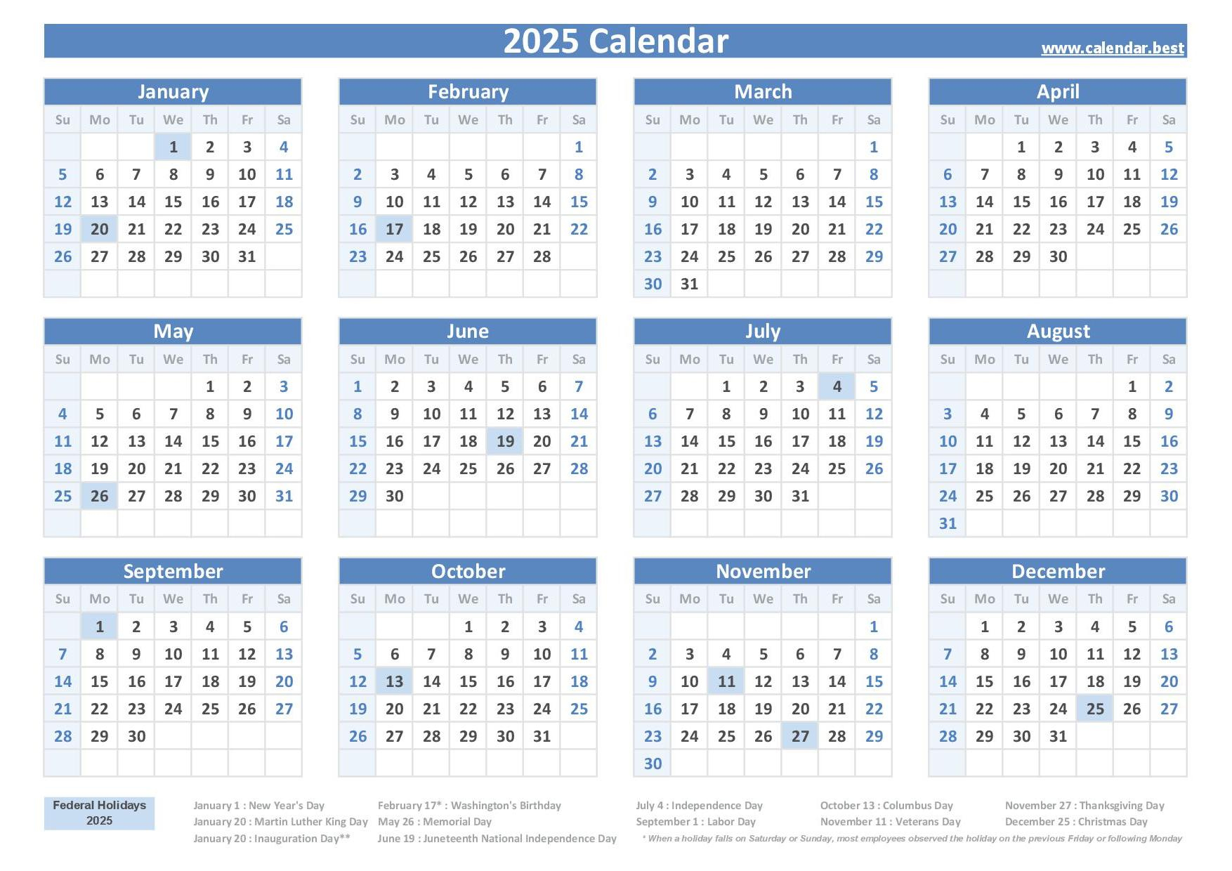 2025 Federal Holidays : List And 2025 Calendar With Holidays To Print | 2025 Federal Holiday Calendar Printable