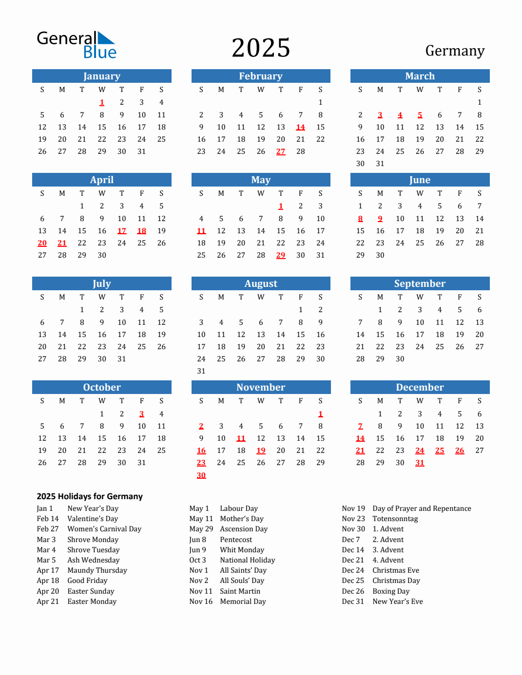 2025 Germany Calendar With Holidays | Calendar 2025 with Holidays Printable