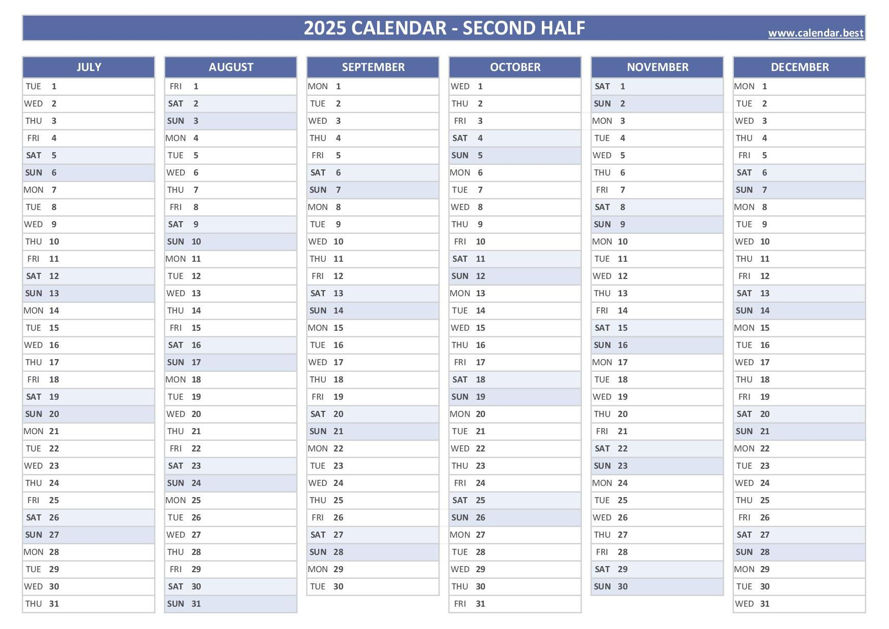 2025 Half Year Calendar To Print | 2025 6 Month Calendar Printable