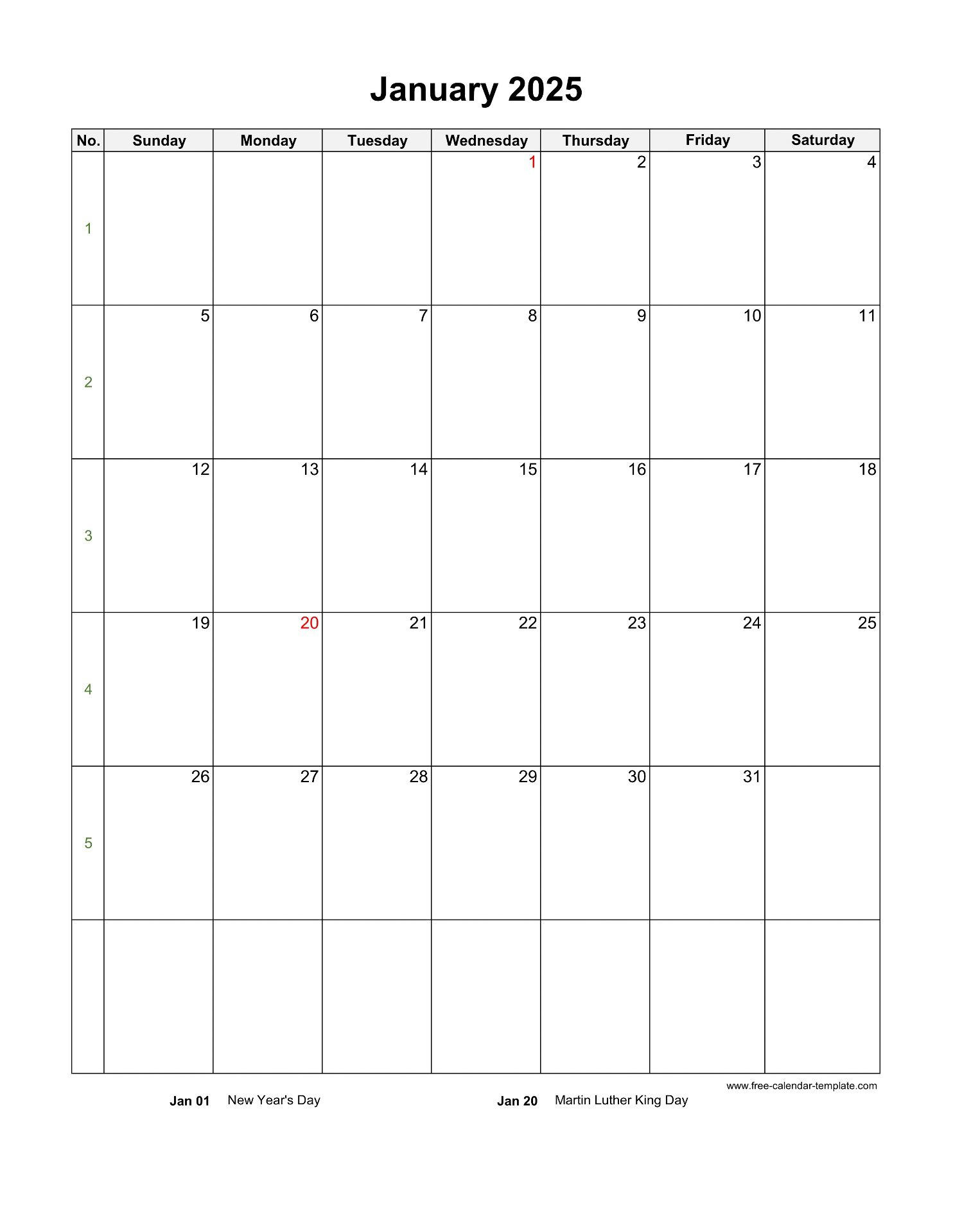 2025 Monthly Calendar (Blank Vertical Template) | Free-Calendar | 2025 Vertical Calendar Printable