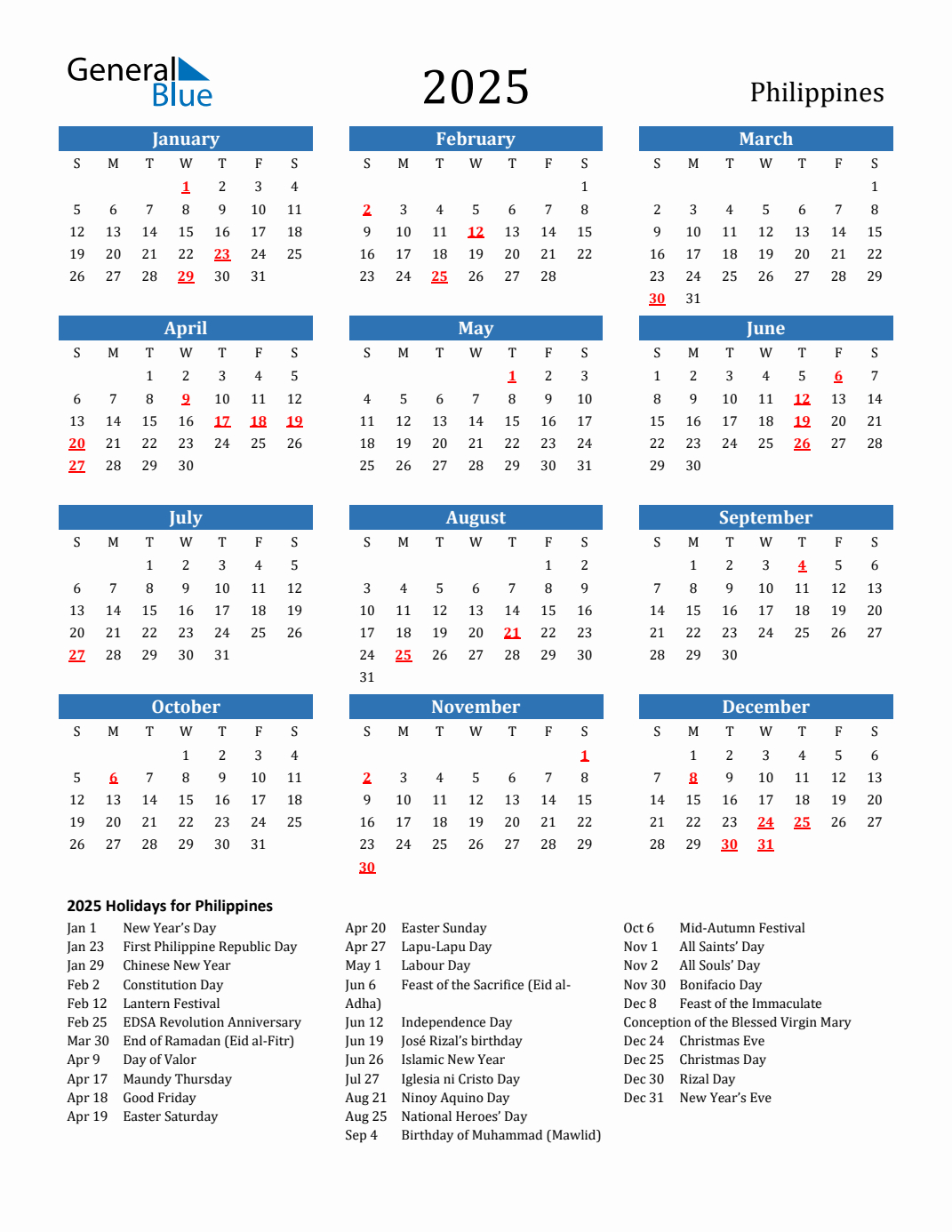 2025 Philippines Calendar With Holidays | Calendar 2025