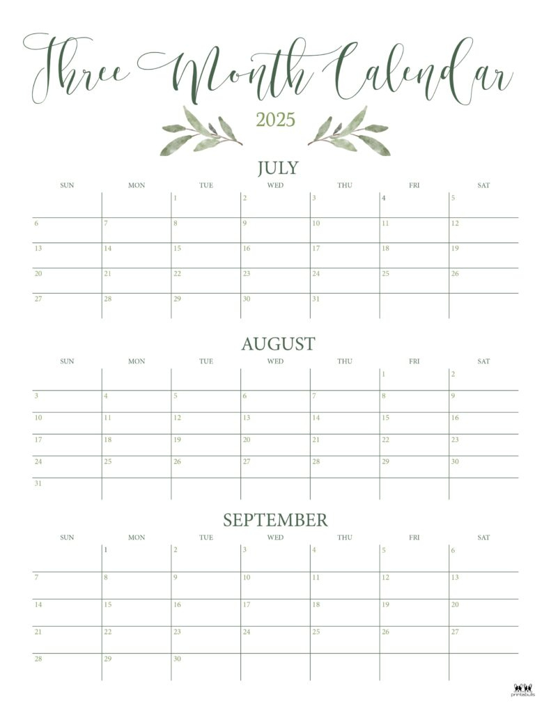 2025 Three Month/Quarterly Calendars - 36 Free Cals | Printabulls | Free Printable 3 Month Calendar 2025