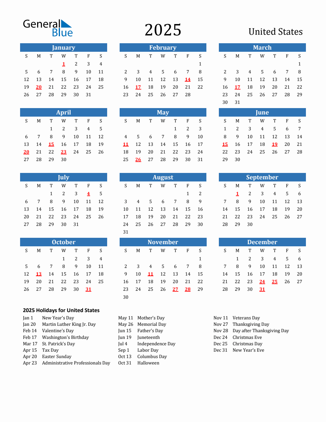 2025 United States Calendar With Holidays | 2025 Calendar Printable With Holidays