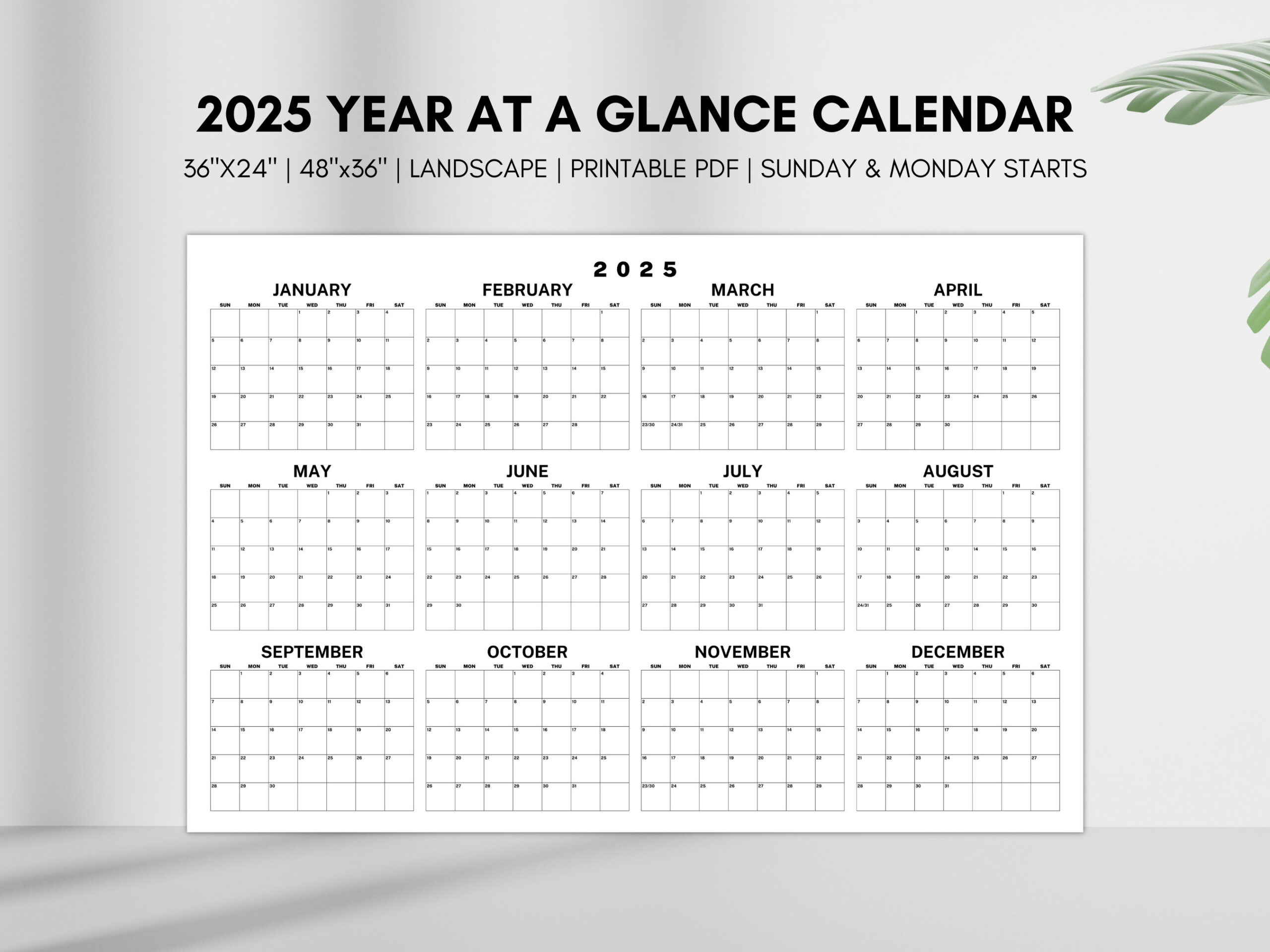 2025 Year At A Glance Calendar, Large Horizontal 2025 Calendar | 2025 Calendar at A Glance Printable