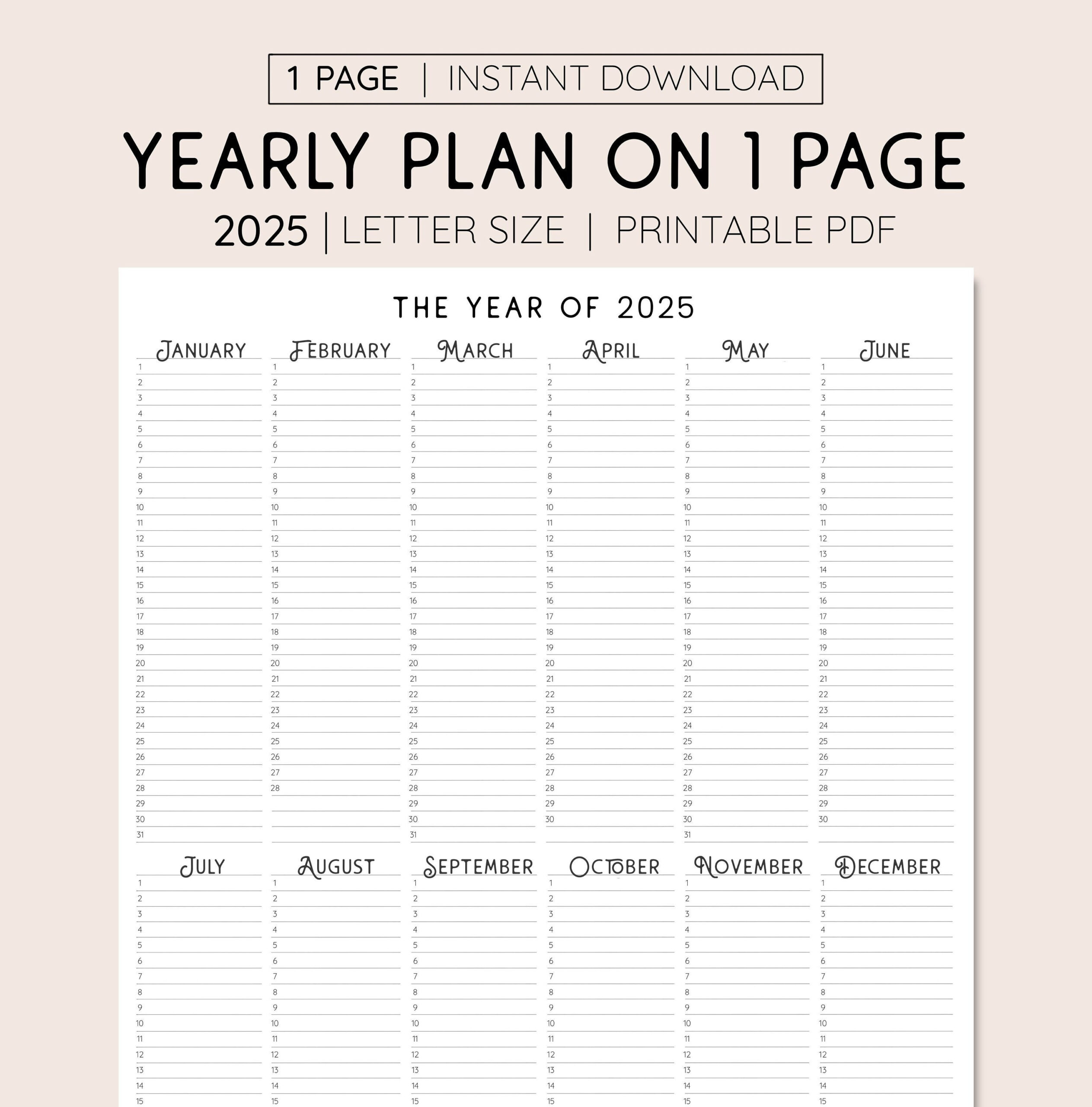 2025 Year At A Glance, Instant Download, Yearly Overview | Calendar 2025