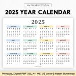 2025 Year Calendar Printable Year At A Glance Digital Download | Printable 5 Year Calendar 2020 To 2025