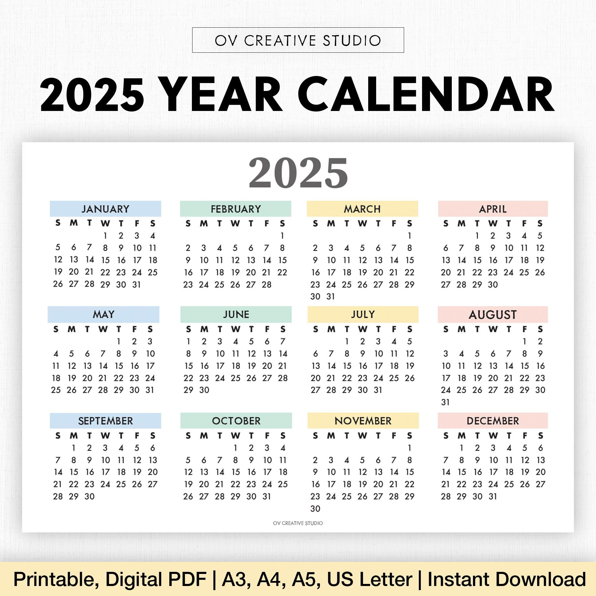 2025 Year Calendar Printable Year At A Glance Digital Download | Printable 5 Year Calendar 2020 To 2025