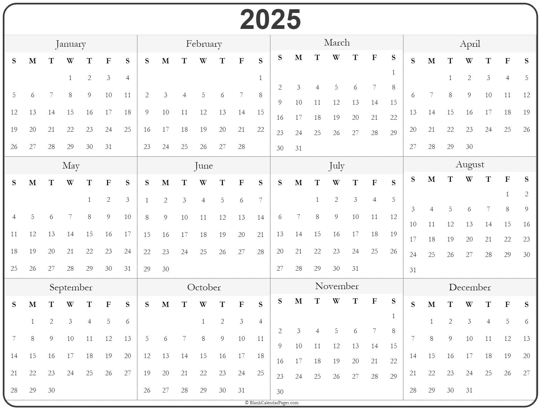 2025 Year Calendar | Yearly Printable | 2025 Printable Yearly Calendar