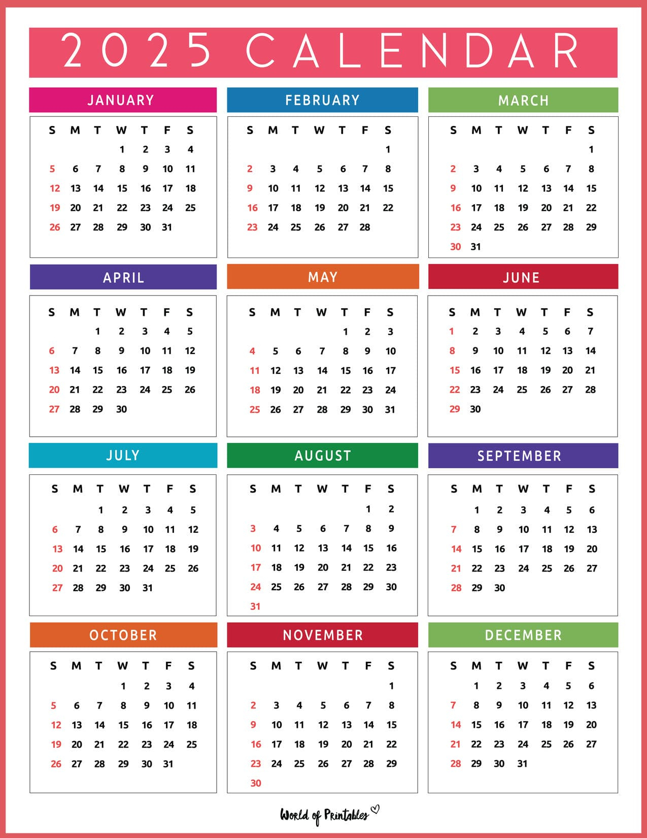 2025 Year Calendars - 70 Best Printables - World Of Printables | 2025 Annual Calendar Printable