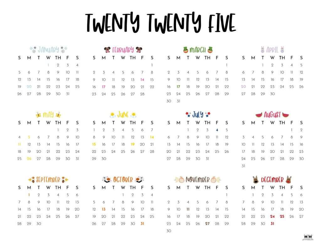 2025 Yearly Calendars - 29 Free Printables | Printabulls | 2025 Year At A Glance Calendar Free Printable