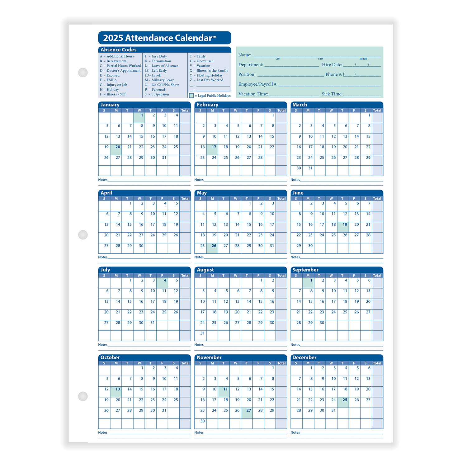 2025 Yearly Employee Attendance Calendar | Yearly Calendar | Hrdirect | Free 2025 Employee Attendance Calendar