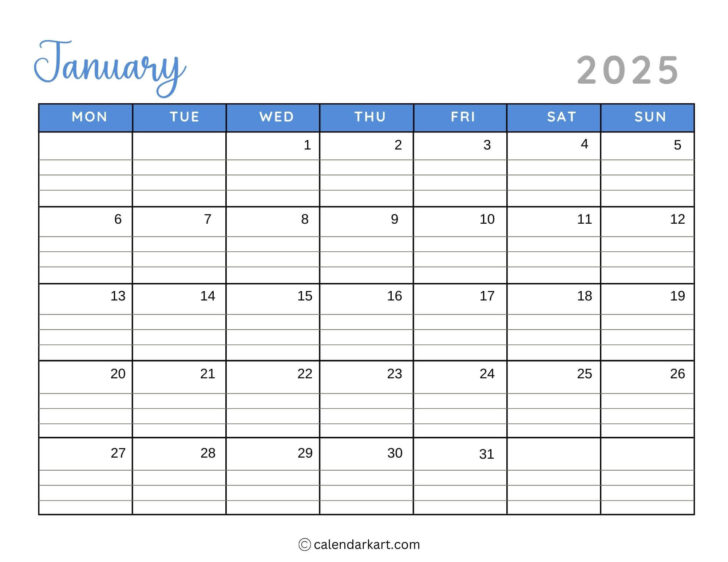 January 2025 Calendar Printable Monday Start | Calendar 2025