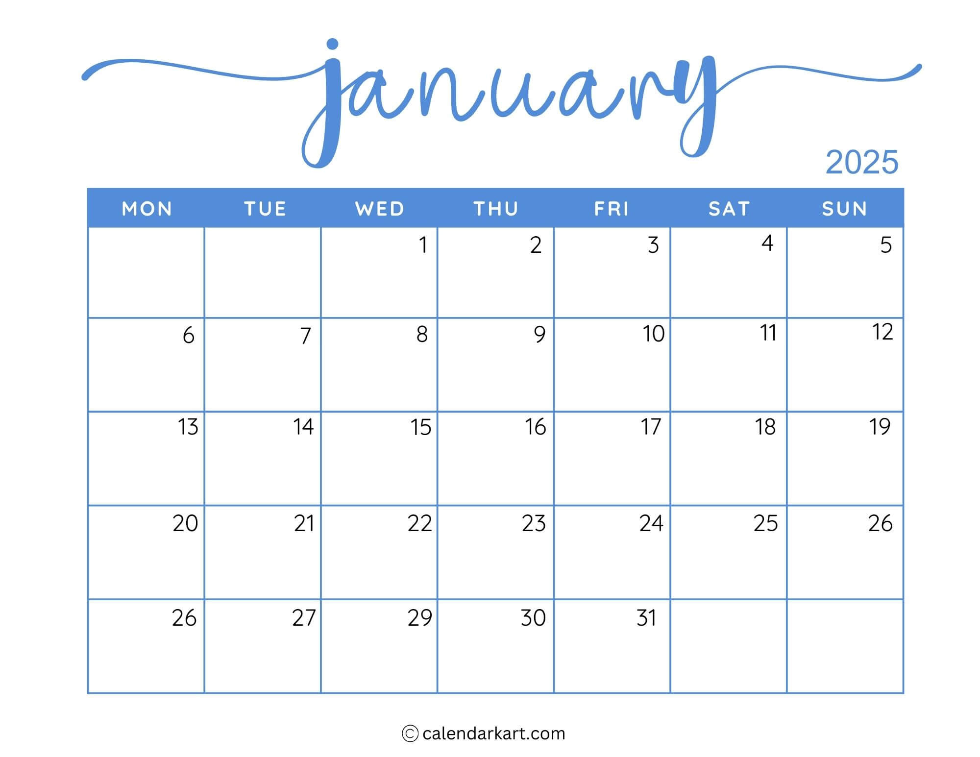 40+ Printable January 2025 Calendars | Free Pdf - Calendarkart | Calendar Printable January 2025