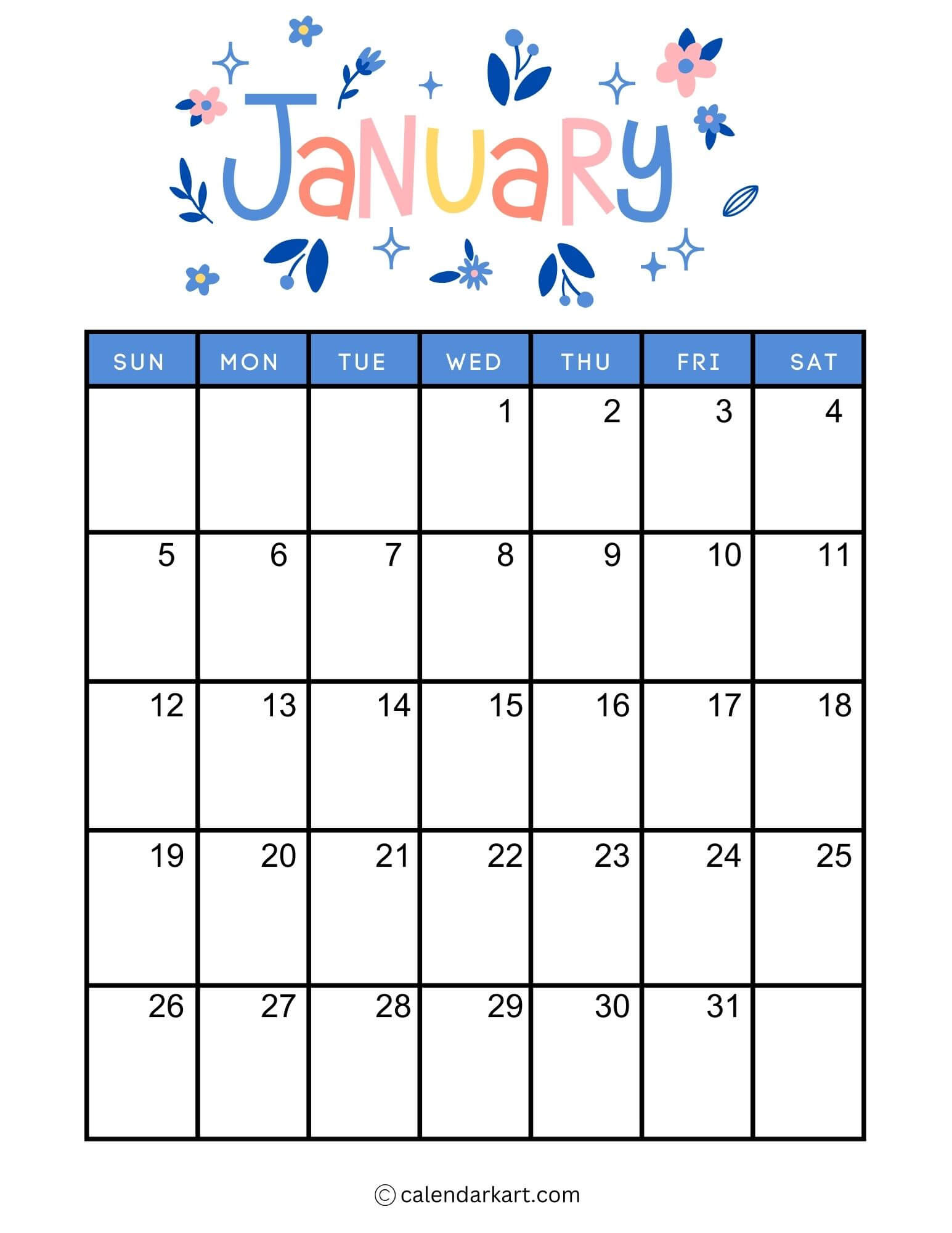 40+ Printable January 2025 Calendars | Free Pdf - Calendarkart | Vertical January 2025 Calendar Printable