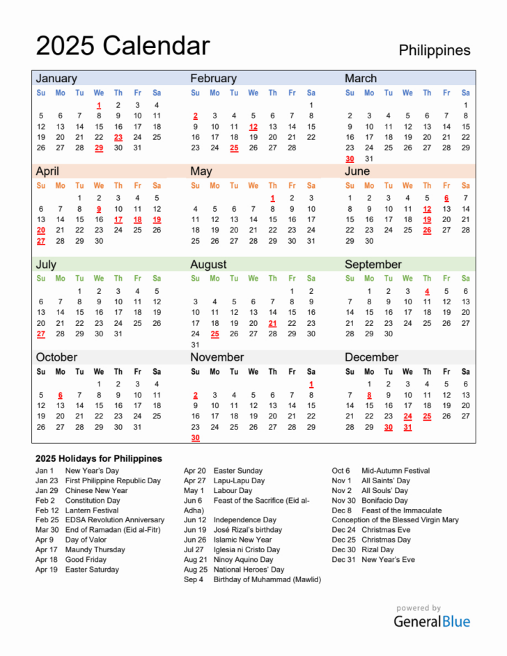 2025 Calendar Philippines with Holidays Printable | Calendar 2025