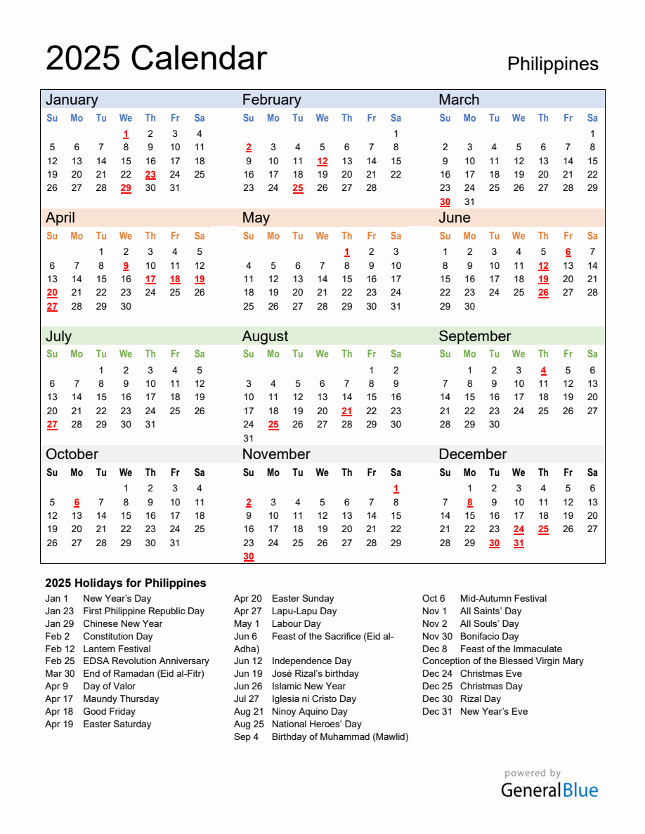 Annual Calendar 2025 With Philippines Holidays | 2025 Calendar Philippines with Holidays Printable