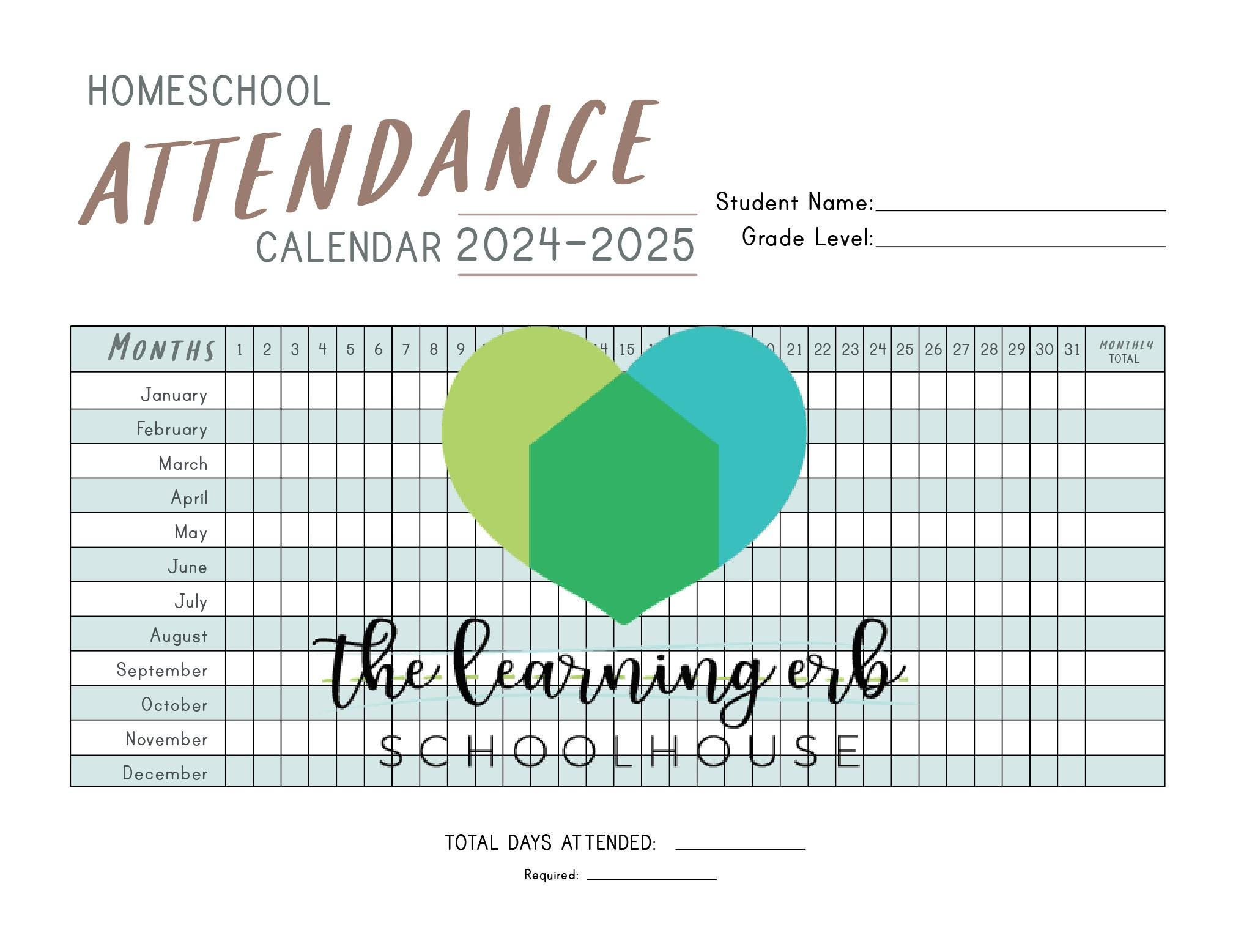 Attendance Sheet: 2024-2025 Attendance Calendar For Homeschool | 2025 Printable Attendance Calendar