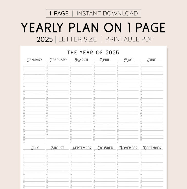 Year at A Glance Calendar 2025 Printable | Calendar 2025