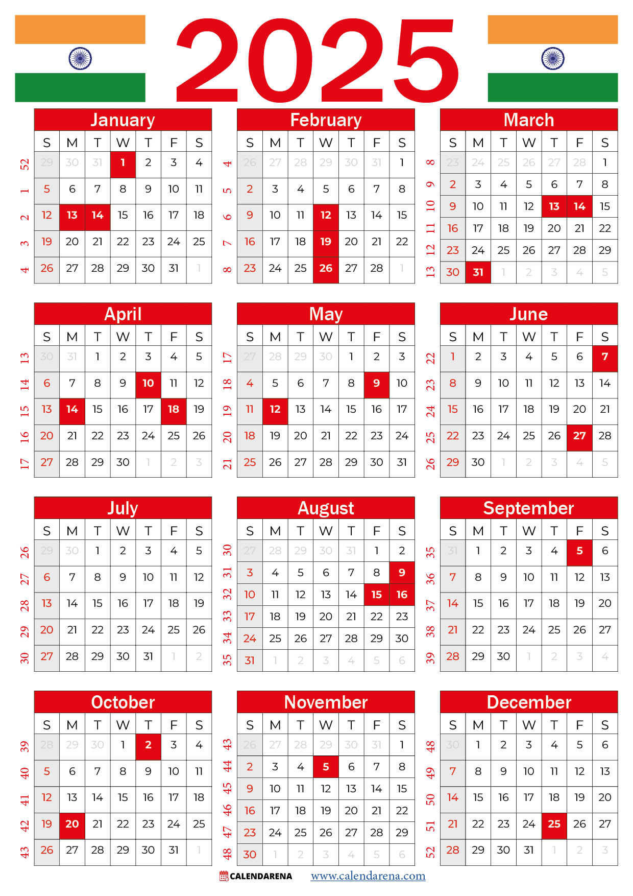 Calendar 2025 India With Holidays And Festivals | January 2025 Calendar With Indian Holidays Printable