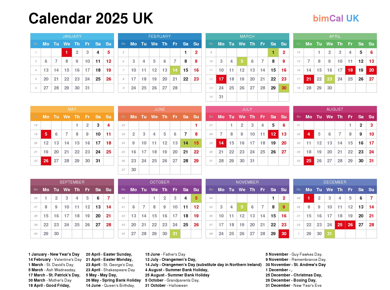 Calendar 2025 Uk - Bimcal.uk 🇬🇧 | 2025 Calendar with Bank Holidays Printable