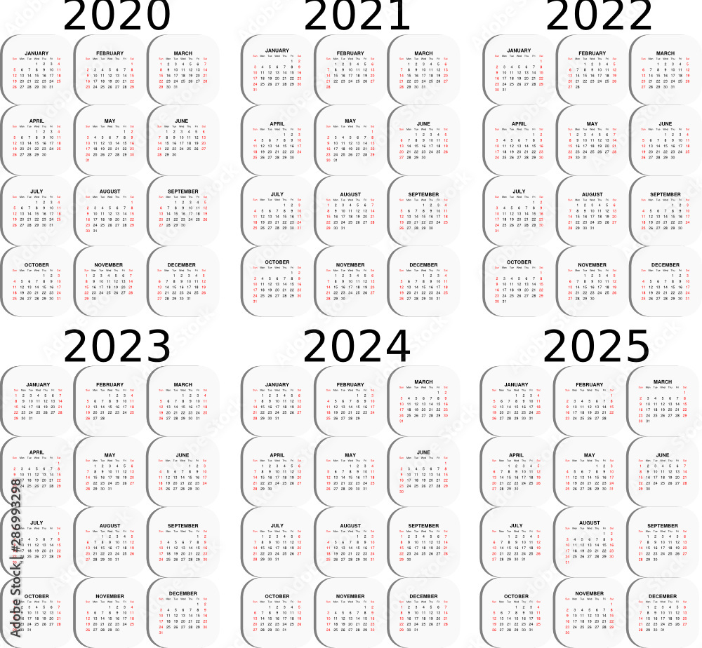 Calendar For Six Years - 2020, 2021, 2022, 2023, 2024 And 2025 | Calendar 2025