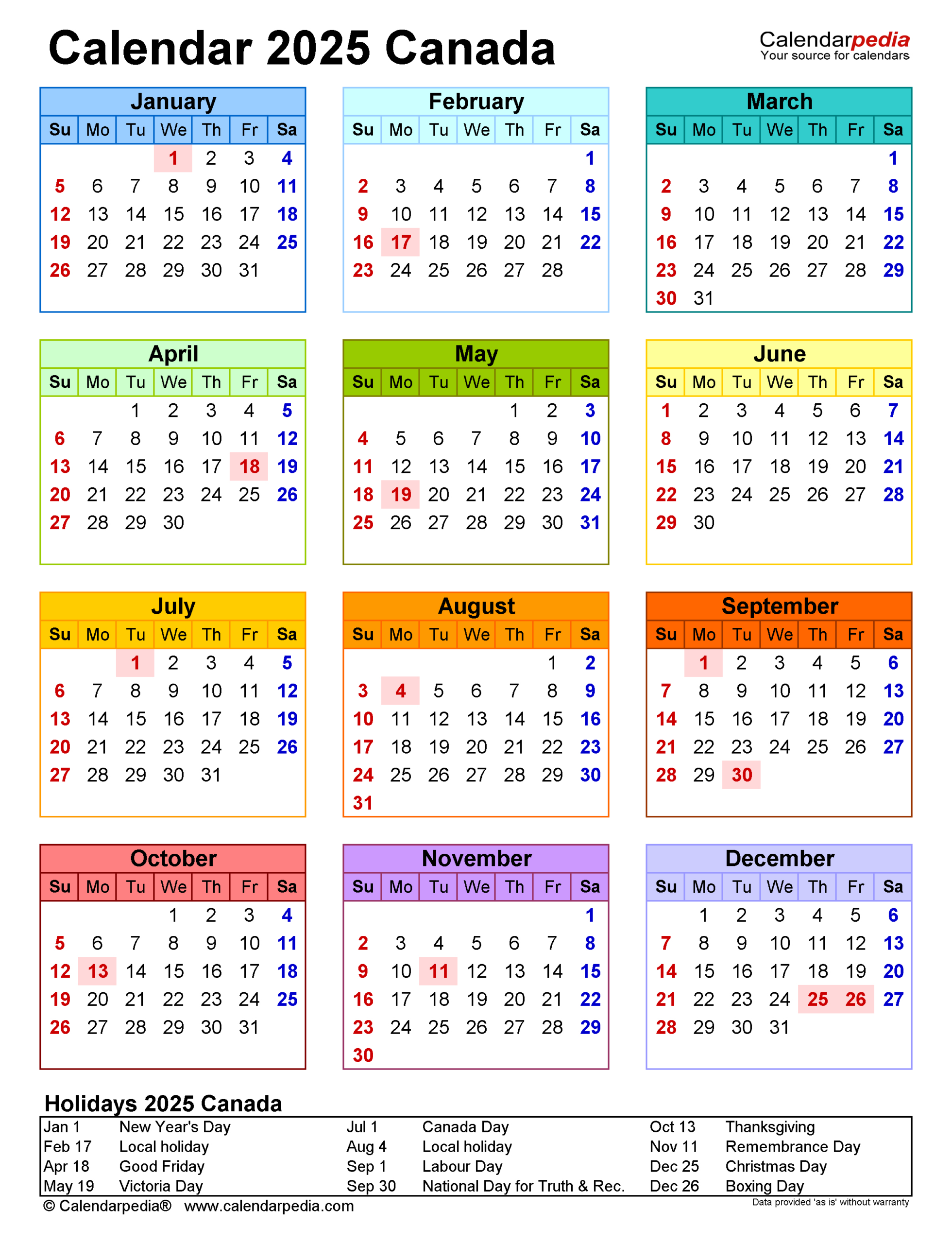 Canada Calendar 2025 - Free Printable Pdf Templates | 2025 Calendar Canada with Holidays Printable Free