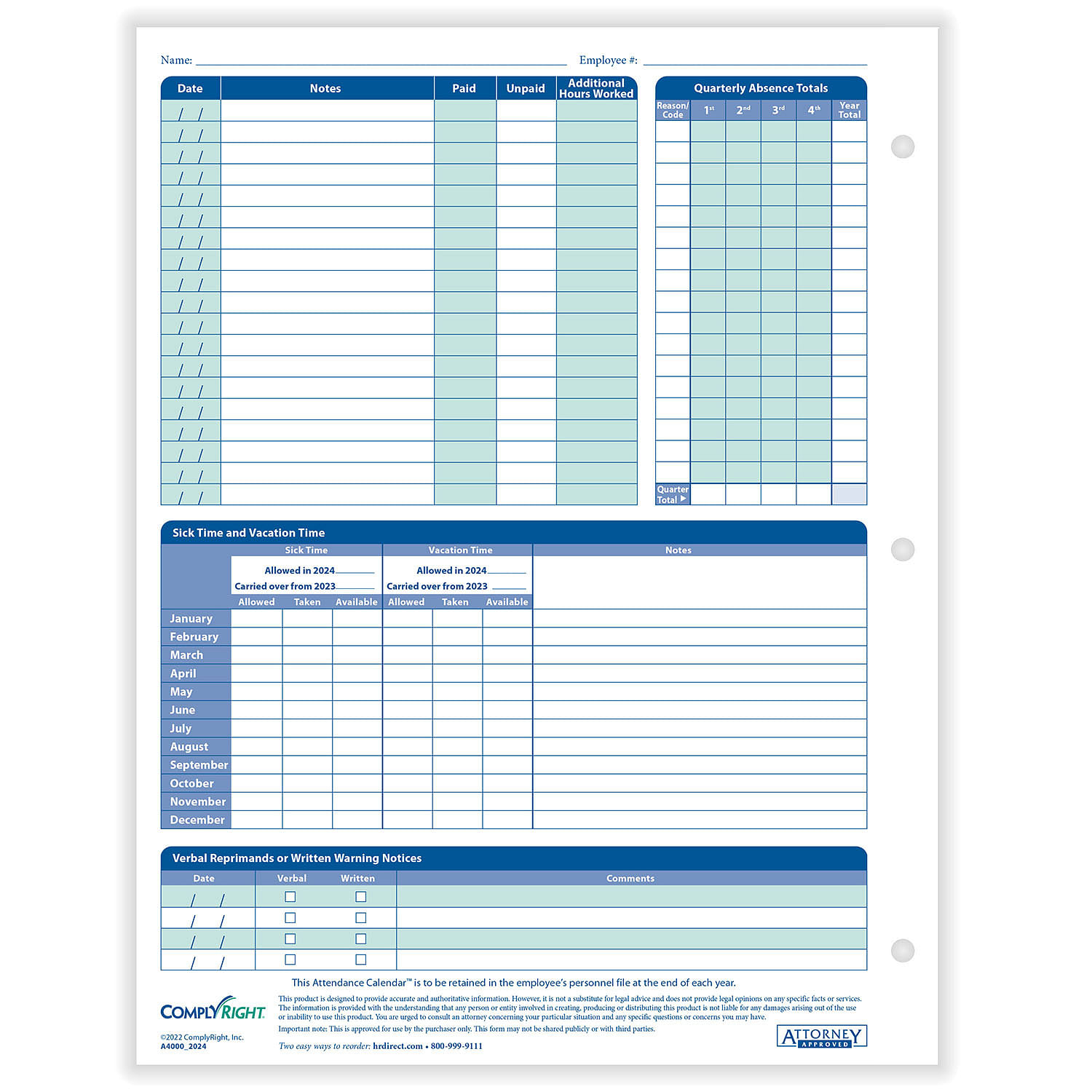 Complyright 2025 Attendance Calendar In White - 50/Pack | Attendance Calendar 2025