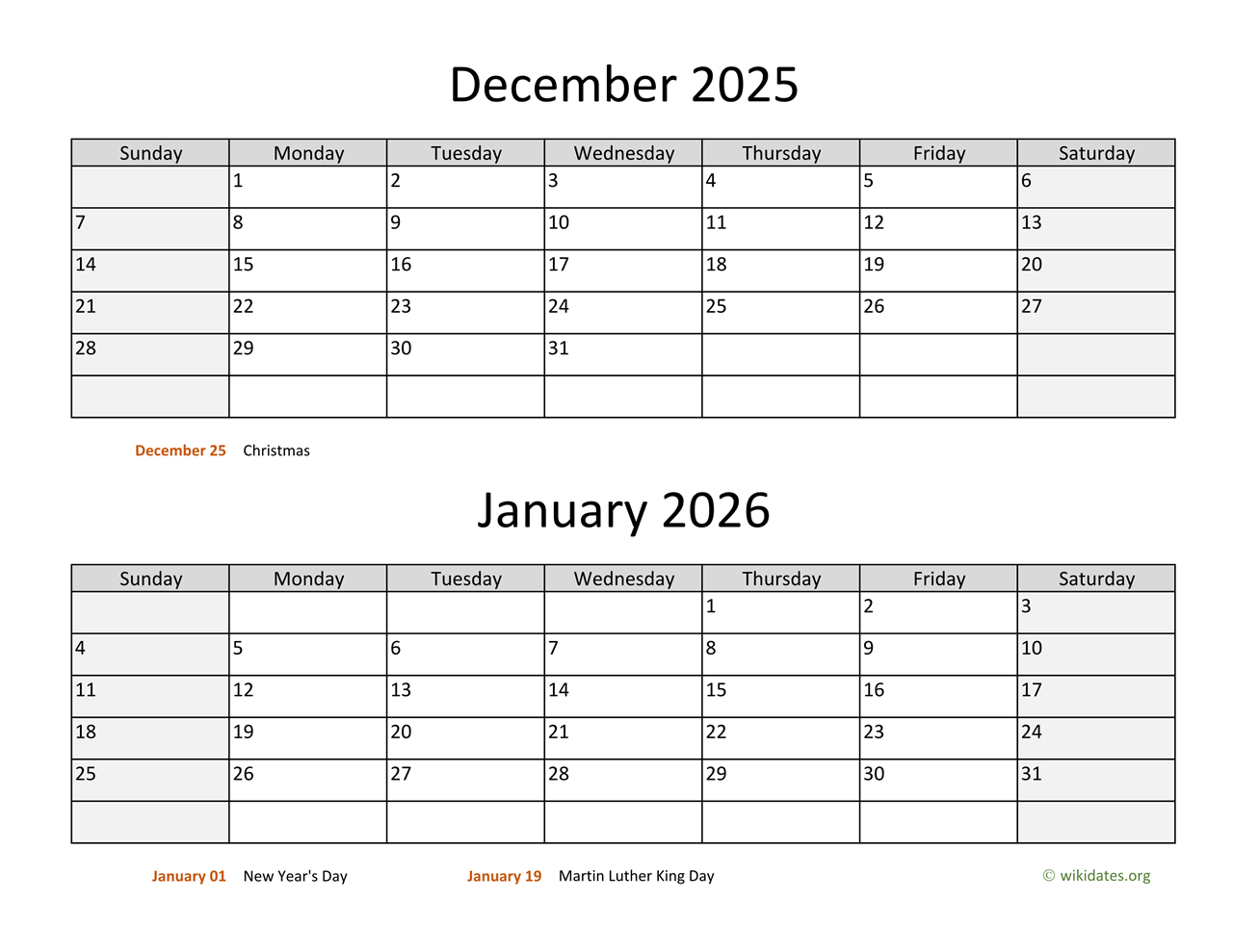 December 2025 And January 2026 Calendar | Wikidates | Calendar 2025