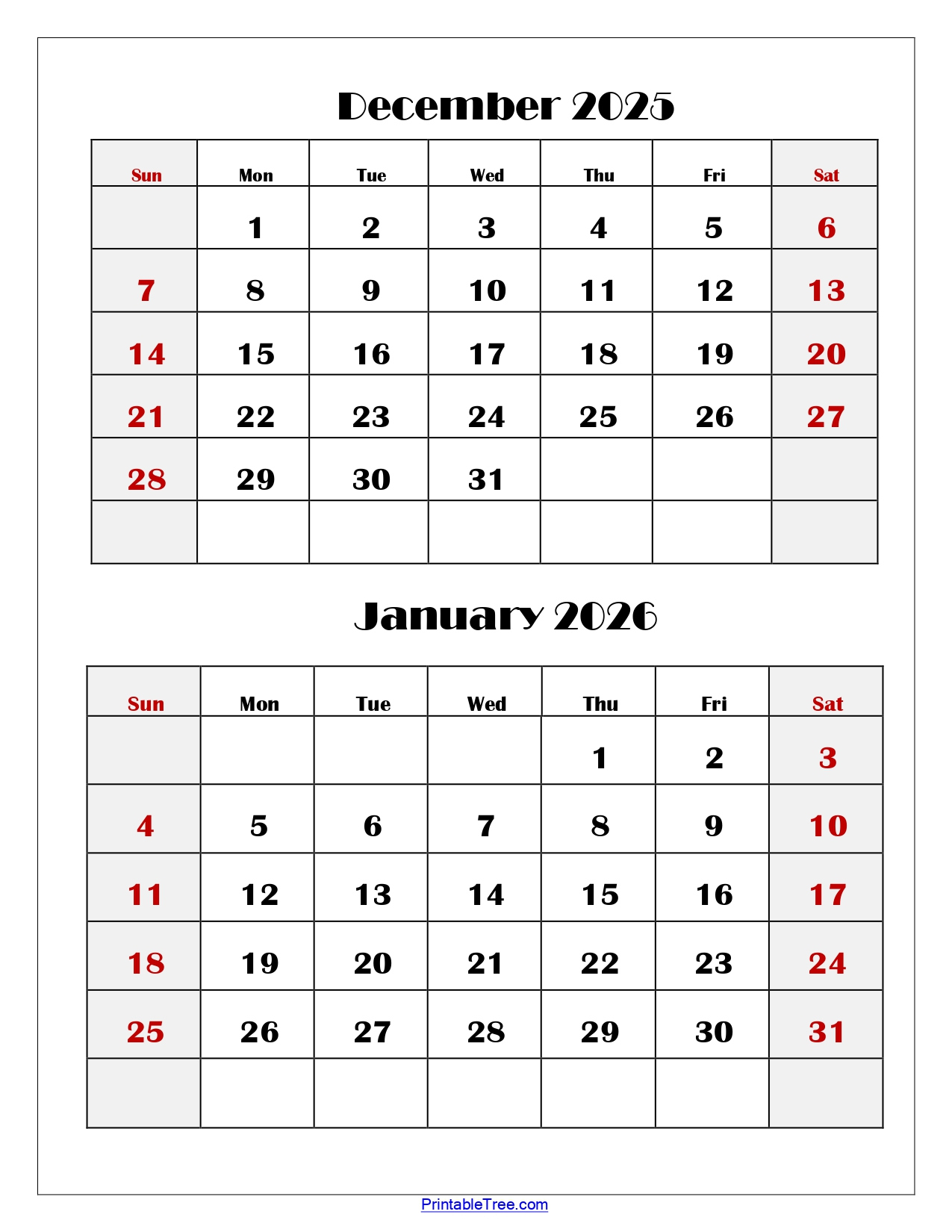 December And January 2026 Calendar Printable Pdf | Two Months Calendar | Calendar 2025