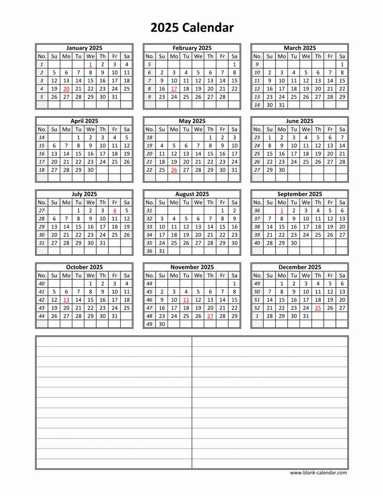 Download Blank Calendar 2025 With Space For Notes (12 Months On | 2025 12 Month Calendar On One Page Printable