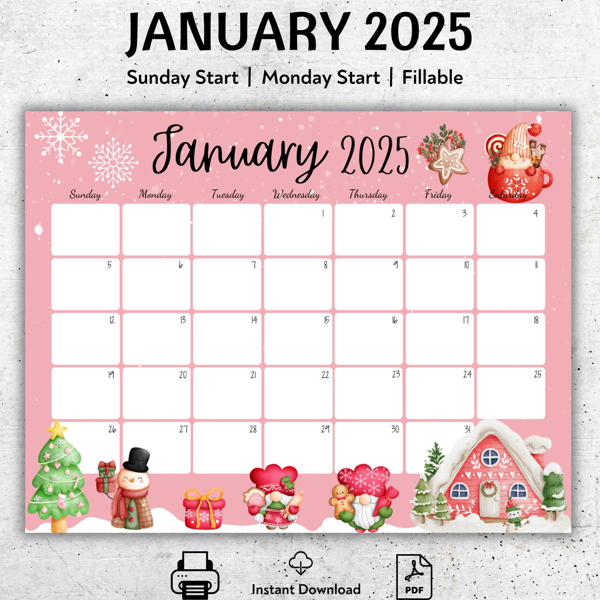 Editable January 2025 Calendar, Cute Gnoms, Beautiful Winter | Calendar 2025