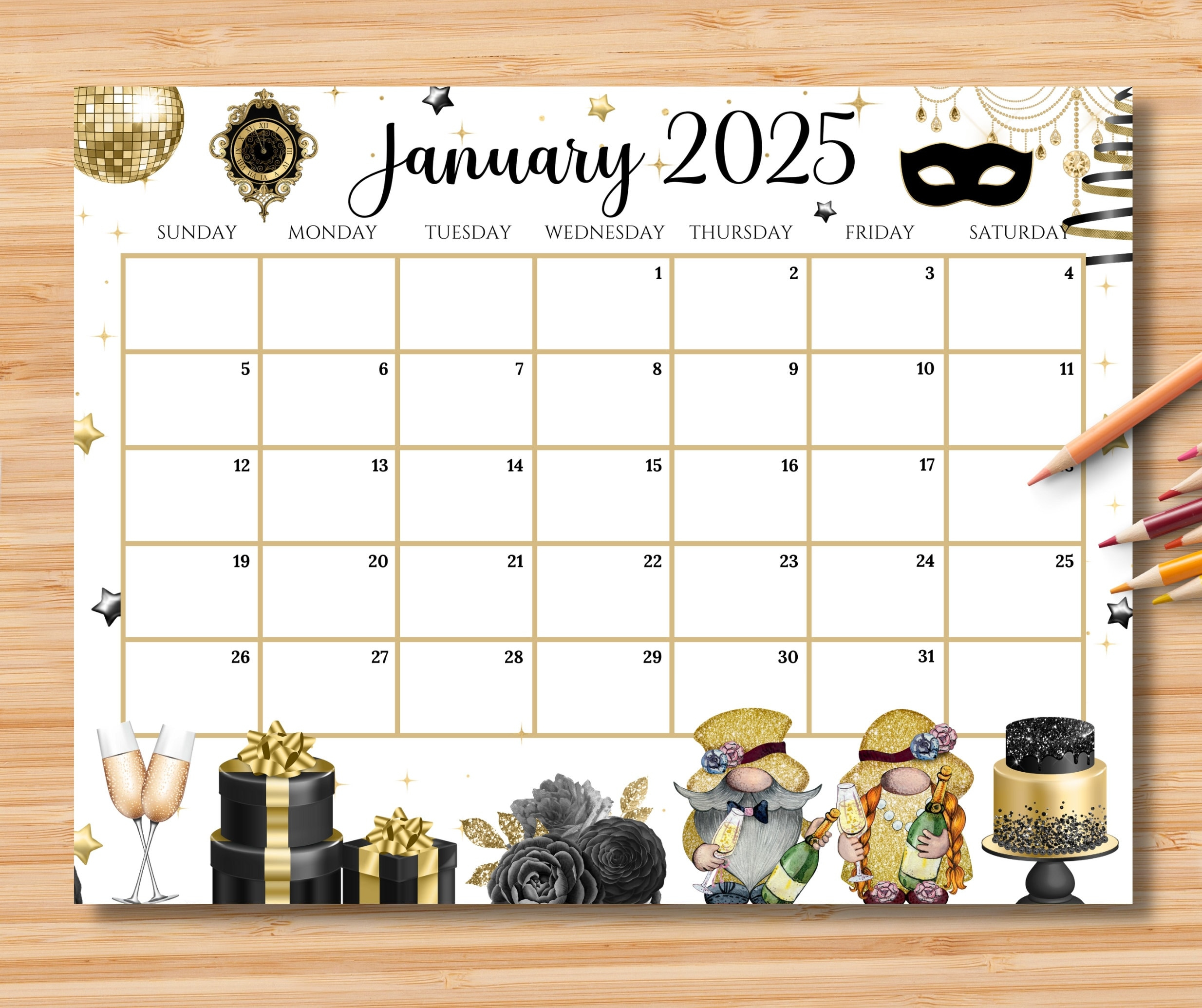 Editable January 2025 Calendar, Happy New Year With Cute Gnomes | Calendar 2025