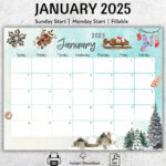 Editierbarer Kalender Januar 2025, Schöner Winter, Druckbarer Januarplaner,  Befüllbarer Kalender, Verschneites Haus Und Bäume, Monatlicher | January 2025 Printable Calendar