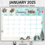 Editierbarer Kalender Januar 2025, Schöner Winter, Druckbarer Januarplaner,  Befüllbarer Kalender, Verschneites Haus Und Bäume, Monatlicher | January 2025 Printable Calendars