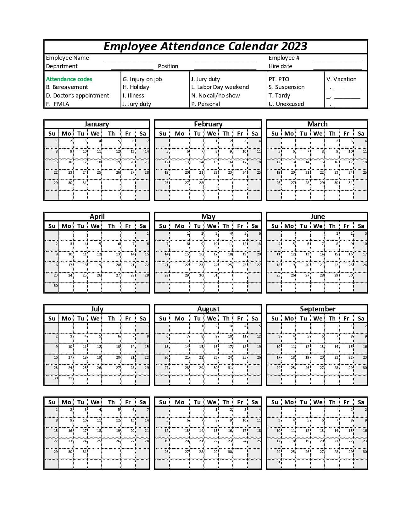 Employee Attendance Calendar | 2025 Employee Attendance Calendar Printable Free Download